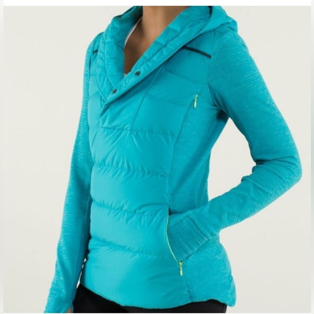 Lululemon Fluff Off Down Jacket Size 4 Pullover Puffer Hooded Blue Teal Goose